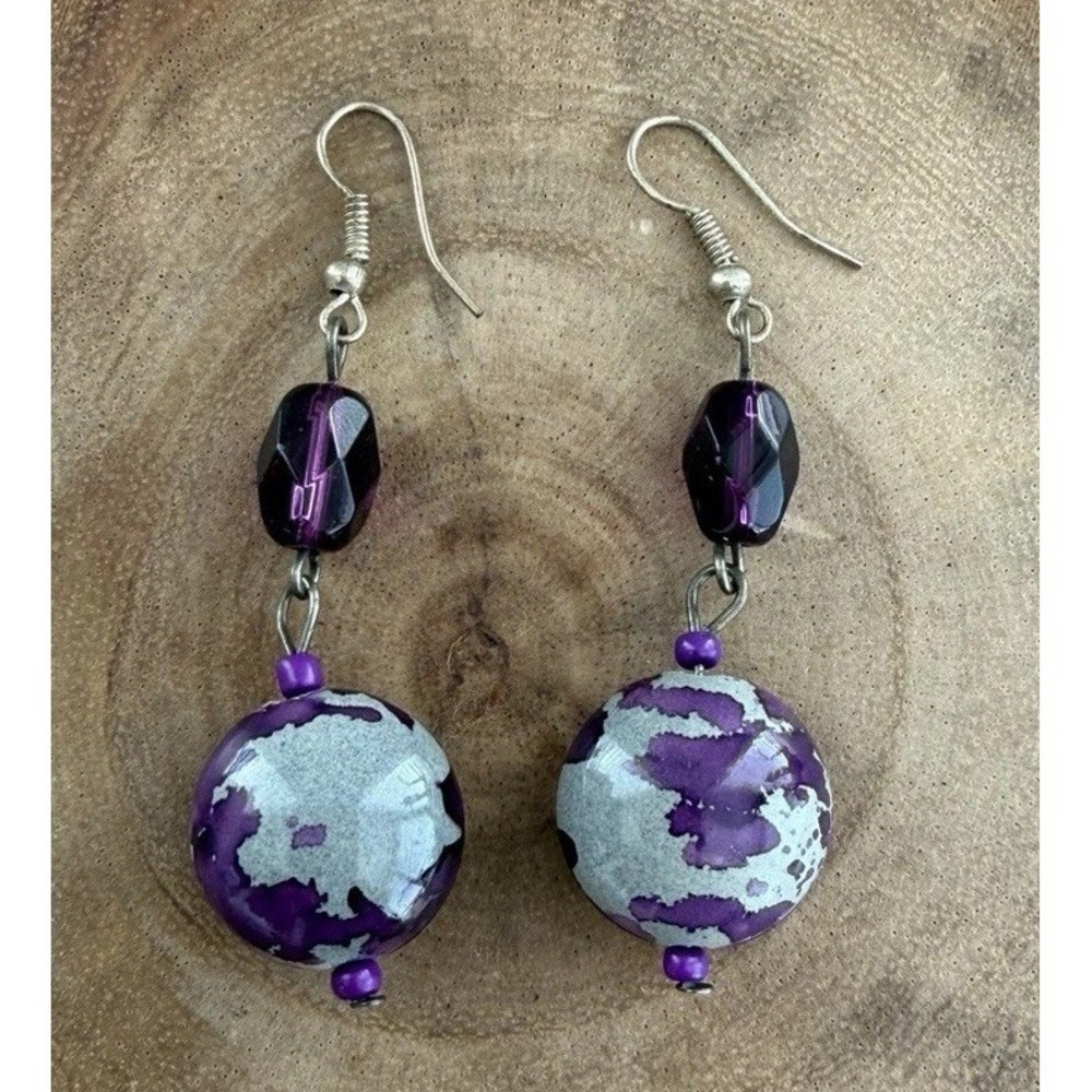 Womens Purple & Gray Crystal Bead Dangle Drop Earrings Faceted Silver Tone